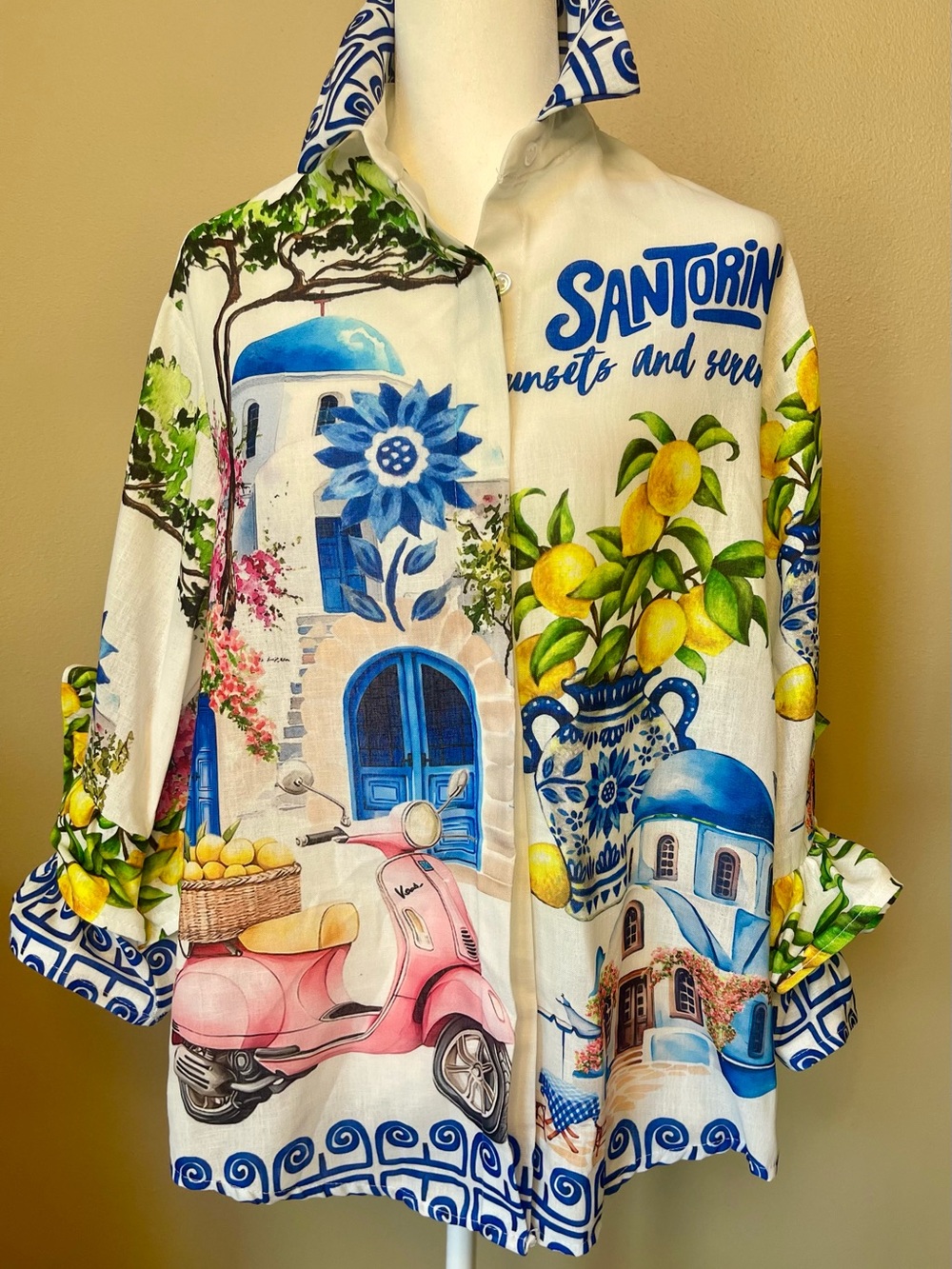 NWT MADE IN PADOVA, ITALY SANTORINI PRINT HIGH-LOW RUFFLED SLEEVE LUXURY BLOUSE - Picture 3 of 17
